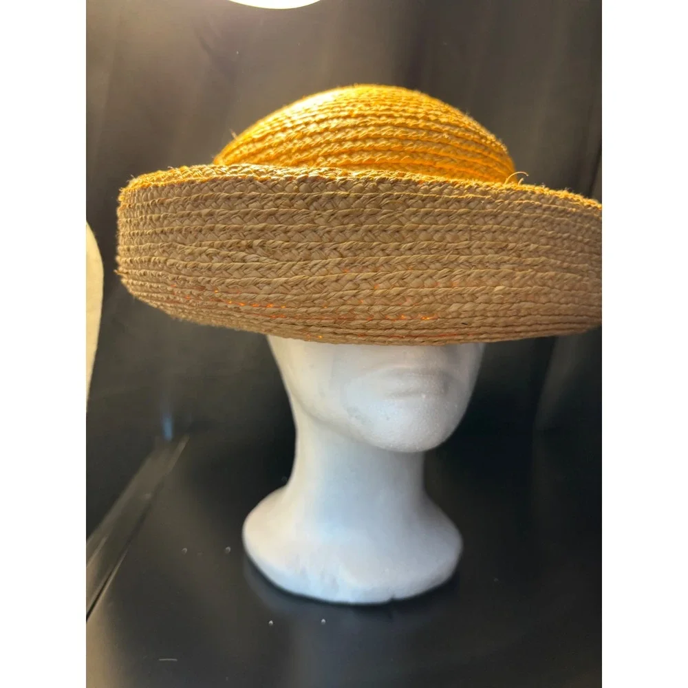 Liz Claiborne Vintage Woven Straw Sun Hat Tan Wide Upturned Brim Summer Beach